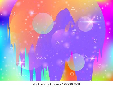 Abstract landscape with holographic cosmos and future universe background. 3d fluid. Futuristic gradient and shape. Vintage mountain silhouette with wavy glitch. Memphis abstract landscape.