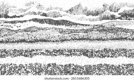 Abstract landscape with horizontal layered bands, stippled textures, and dark charcoal ink-style hatching on white background
