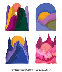 abstract landscape icon set, colored mountains sun vibrant and decoration vector illustration