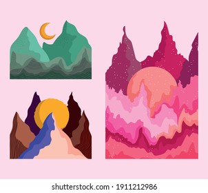 abstract landscape icon set, mountains waves moon sun watercolor image vector illustration