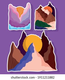 abstract landscape icon set, panoramic mountains hills valley and sun, sticker style vector illustration