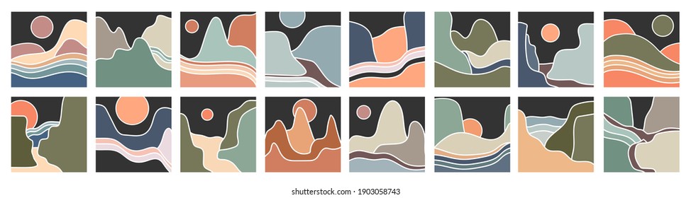 Abstract Landscape icons. Mountains, river, sea view. Hills, sun, moon. For social media and stories. Flat design. Big Set of hand drawn trendy Vector illustrations. Wallpaper templates.