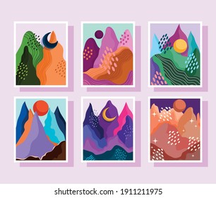 abstrakte Landschaftssymbole im Morgengrauen, Farben für Cover-Vorlagen, kreative Vektorgrafik