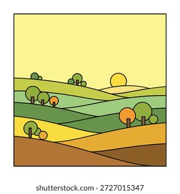Una ilustración abstracta del paisaje presenta colinas onduladas en varios tonos de verde, amarillo, naranja y marrón. Los árboles estilizados con copas redondas se encuentran dispersos por las colinas. Un simple sol amarillo es visible en la esquina superior derecha, puesto contra un cielo amarillo pálido. La Imagen tiene un estilo de diseño plano limpio, geométrico y colorido dentro de un borde negro.