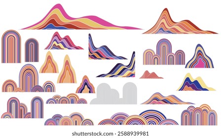 Abstract landscape illustration featuring colorful layered hills and arches creates a modern and eye-catching visual representation for artistic designs