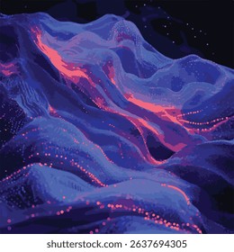 Abstract landscape illustration featuring flowing curves and glowing light elements