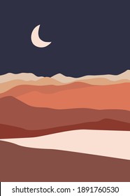 Abstract landscape illustration. Moon, mountains, nature