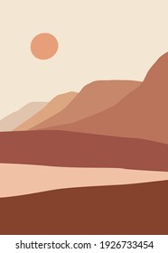 Abstract landscape illustration. Mountains, sun, moon, sunset, desert, hills minimalist design. Trendy mid century art, boho home decor, wall art.	