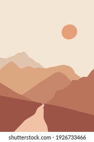 Abstract landscape illustration. Mountains, sun, moon, sunset, desert, hills minimalist design. Trendy mid century art, boho home decor, wall art.	