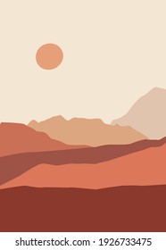 Abstract landscape illustration. Mountains, sun, moon, sunset, desert, hills minimalist design. Trendy mid century art, boho home decor, wall art.	