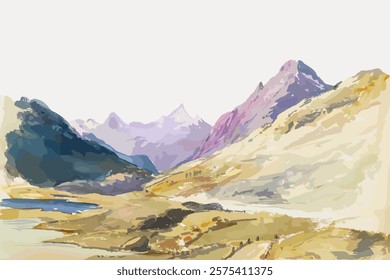 Abstract landscape illustration of mountains and valleys. Colorful mountains, serene valleys, and abstract shapes create a vibrant landscape scene. Vintage illustration isolated on white, vector.