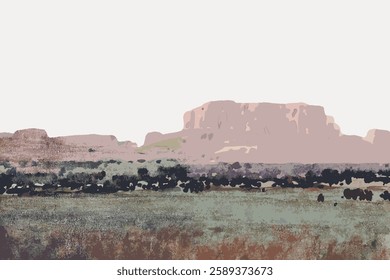 Abstract landscape illustration with muted colors. Features a vast field, distant mountains, and a serene sky. Artistic landscape with a tranquil vibe. Vintage art painting vector.