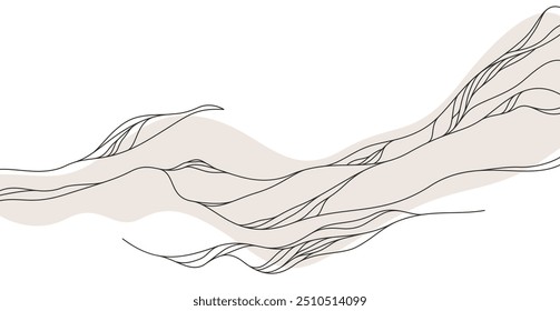 Abstract landscape illustration in oriental Asian style, minimal and simple japaneese background with smooth lines runny like water or hills shapes.