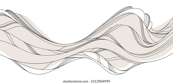 Abstract landscape illustration in oriental Asian style, minimal and simple japaneese background with smooth lines runny like water or hills shapes.