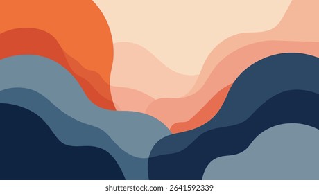 Abstract landscape illustration with vibrant orange sun and layered colorful curved shapes