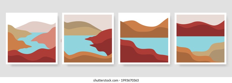 Abstract landscape illustrations collection. Mountains, sun, sunset, desert, beach, river, hills minimalist design. Trendy mid century art, boho home decor, wall art. Social media post template