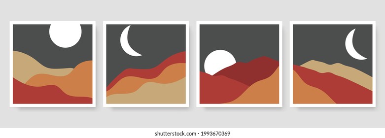 Resumen de la colección de ilustraciones del paisaje. Montañas, sol, puesta de sol, desierto, playa, río, colinas diseño minimalista. Arte moderno de mediados de siglo, decoración casera, arte mural.