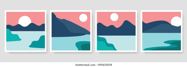 Abstract landscape illustrations collection. Mountains, sun, sunset, desert, beach, river, hills minimalist design. Trendy mid century art, boho home decor, wall art. Social media post template