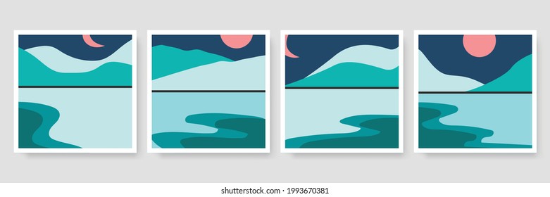 Abstract landscape illustrations collection. Mountains, sun, sunset, desert, beach, river, hills minimalist design. Trendy mid century art, boho home decor, wall art. Social media post template