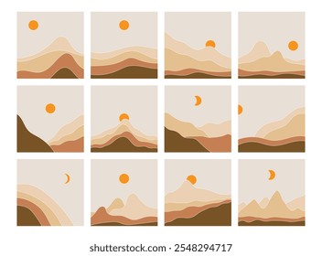 abstract landscape illustrations featuring mountains and suns in warm tones.