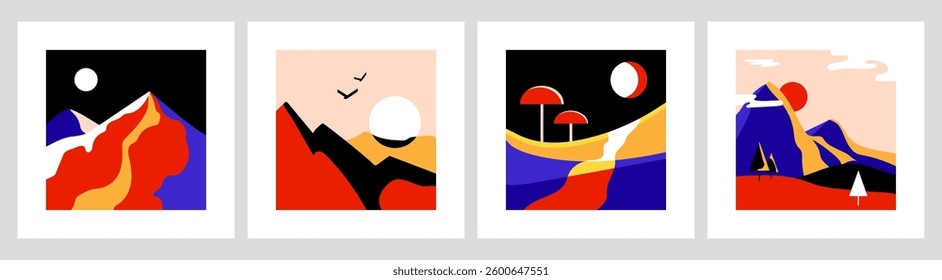 Abstract landscape illustrations set with mountains, sun, moon, and nature elements in a bold geometric style with vibrant tones. Ideal for wall art,posters, branding,and modern design projects.Vector