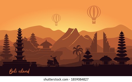 Abstract landscape of the Indonesian island of Bali with silhouettes of the main attractions at sunset