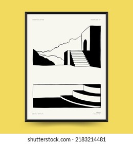 Abstract landscape interior contemporary minimal aesthetic. Hand drawn linear illustrations for wall decoration, postcards or brochures, cover design, stories, social media, app design.