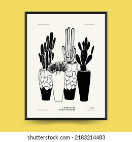 Abstract landscape interior contemporary minimal aesthetic. Hand drawn linear illustrations for wall decoration, postcards or brochures, cover design, stories, social media, app design.