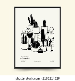 Abstract landscape interior contemporary minimal aesthetic. Hand drawn linear illustrations for wall decoration, postcards or brochures, cover design, stories, social media, app design.