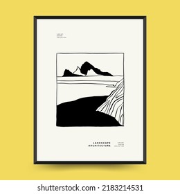 Resumen paisaje interior contemporáneo de estética mínima. Ilustraciones lineales dibujadas a mano para la decoración de paredes, postales o folletos, diseño de portadas, historias, medios sociales, diseño de aplicaciones.