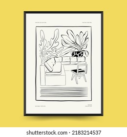 Abstract landscape interior contemporary minimal aesthetic. Hand drawn linear illustrations for wall decoration, postcards or brochures, cover design, stories, social media, app design.