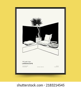 Abstract landscape interior contemporary minimal aesthetic. Hand drawn linear illustrations for wall decoration, postcards or brochures, cover design, stories, social media, app design.