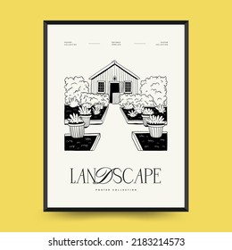 Resumen paisaje interior contemporáneo de estética mínima. Ilustraciones lineales dibujadas a mano para la decoración de paredes, postales o folletos, diseño de portadas, historias, medios sociales, diseño de aplicaciones.