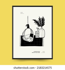 Abstract landscape interior contemporary minimal aesthetic. Hand drawn linear illustrations for wall decoration, postcards or brochures, cover design, stories, social media, app design.