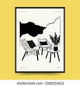 Abstract landscape interior contemporary minimal aesthetic. Hand drawn linear illustrations for wall decoration, postcards or brochures, cover design, stories, social media, app design.