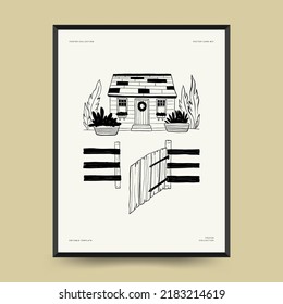 Abstract landscape interior contemporary minimal aesthetic. Hand drawn linear illustrations for wall decoration, postcards or brochures, cover design, stories, social media, app design.