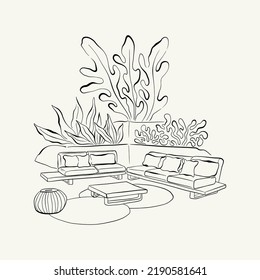 Abstract landscape interior contemporary minimal aesthetic. Hand drawn linear illustrations for wall decoration, postcards or brochures, cover design, stories, social media, app design.