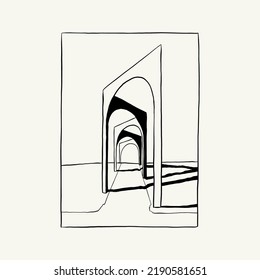 Abstract landscape interior contemporary minimal aesthetic. Hand drawn linear illustrations for wall decoration, postcards or brochures, cover design, stories, social media, app design.