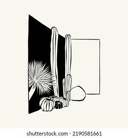 Abstract landscape interior contemporary minimal aesthetic. Hand drawn linear illustrations for wall decoration, postcards or brochures, cover design, stories, social media, app design.