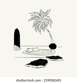 Abstract landscape interior contemporary minimal aesthetic. Hand drawn linear illustrations for wall decoration, postcards or brochures, cover design, stories, social media, app design.