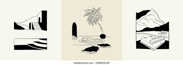Abstract landscape interior contemporary minimal aesthetic. Hand drawn linear illustrations for wall decoration, postcards or brochures, cover design, stories, social media, app design.