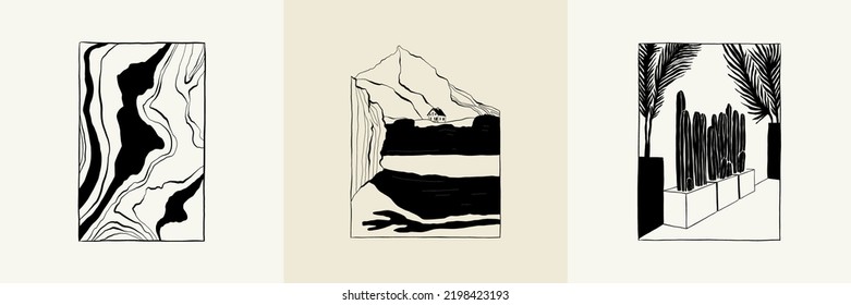 Abstract landscape interior contemporary minimal aesthetic. Hand drawn linear illustrations for wall decoration, postcards or brochures, cover design, stories, social media, app design.