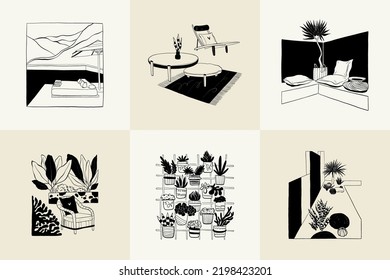 Abstract landscape interior contemporary minimal aesthetic. Hand drawn linear illustrations for wall decoration, postcards or brochures, cover design, stories, social media, app design.