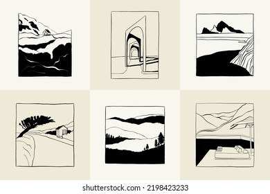Abstract landscape interior contemporary minimal aesthetic. Hand drawn linear illustrations for wall decoration, postcards or brochures, cover design, stories, social media, app design.
