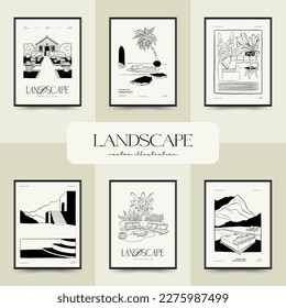 Resumen paisaje interior contemporáneo de estética mínima. Ilustraciones lineales dibujadas a mano para la decoración de paredes, postales o folletos, diseño de portadas, historias, medios sociales, diseño de aplicaciones.