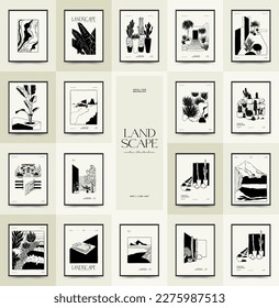 Abstract landscape interior contemporary minimal aesthetic. Hand drawn linear illustrations for wall decoration, postcards or brochures, cover design, stories, social media, app design.