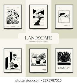 Abstract landscape interior contemporary minimal aesthetic. Hand drawn linear illustrations for wall decoration, postcards or brochures, cover design, stories, social media, app design.