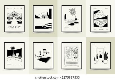 Abstract landscape interior contemporary minimal aesthetic. Hand drawn linear illustrations for wall decoration, postcards or brochures, cover design, stories, social media, app design.