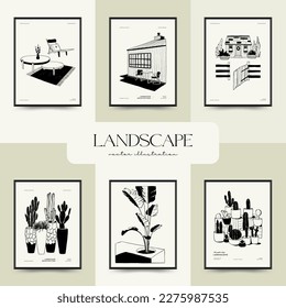 Abstract landscape interior contemporary minimal aesthetic. Hand drawn linear illustrations for wall decoration, postcards or brochures, cover design, stories, social media, app design.