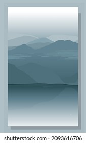 Abstract landscape. Interior poster with mountain views. Gray-green tones. Misty DAWN. Sunrise in the mountains. Vector illustration.